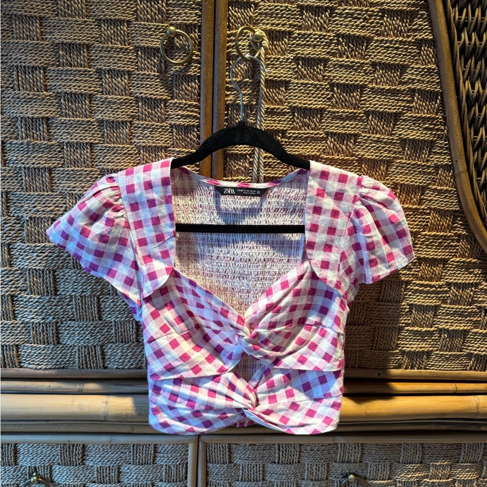 Zara Pink and White Checkered Blouse